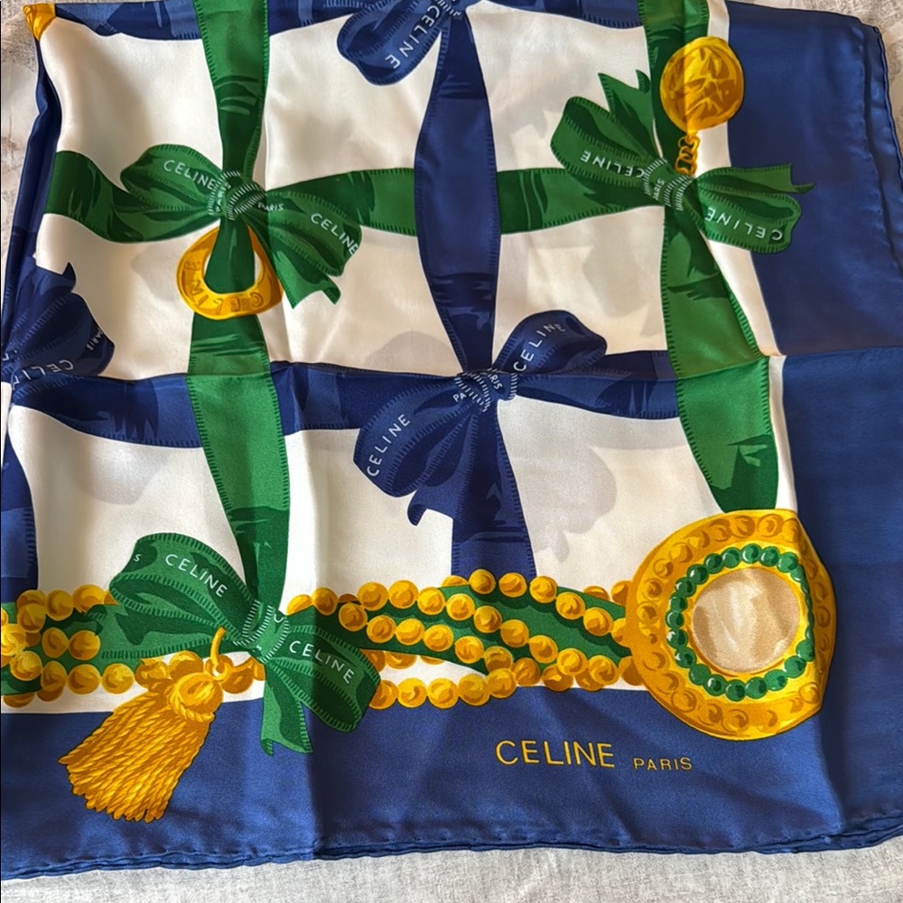 ***New Celine Paris Silk Scarf with Blue and Green with Gold Accents*** - Picture 2 of 7